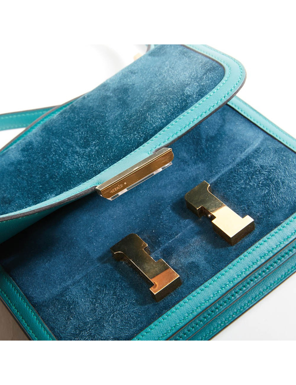 Sac à main Constance HERMES cuir doblis vert malachite bleu océan