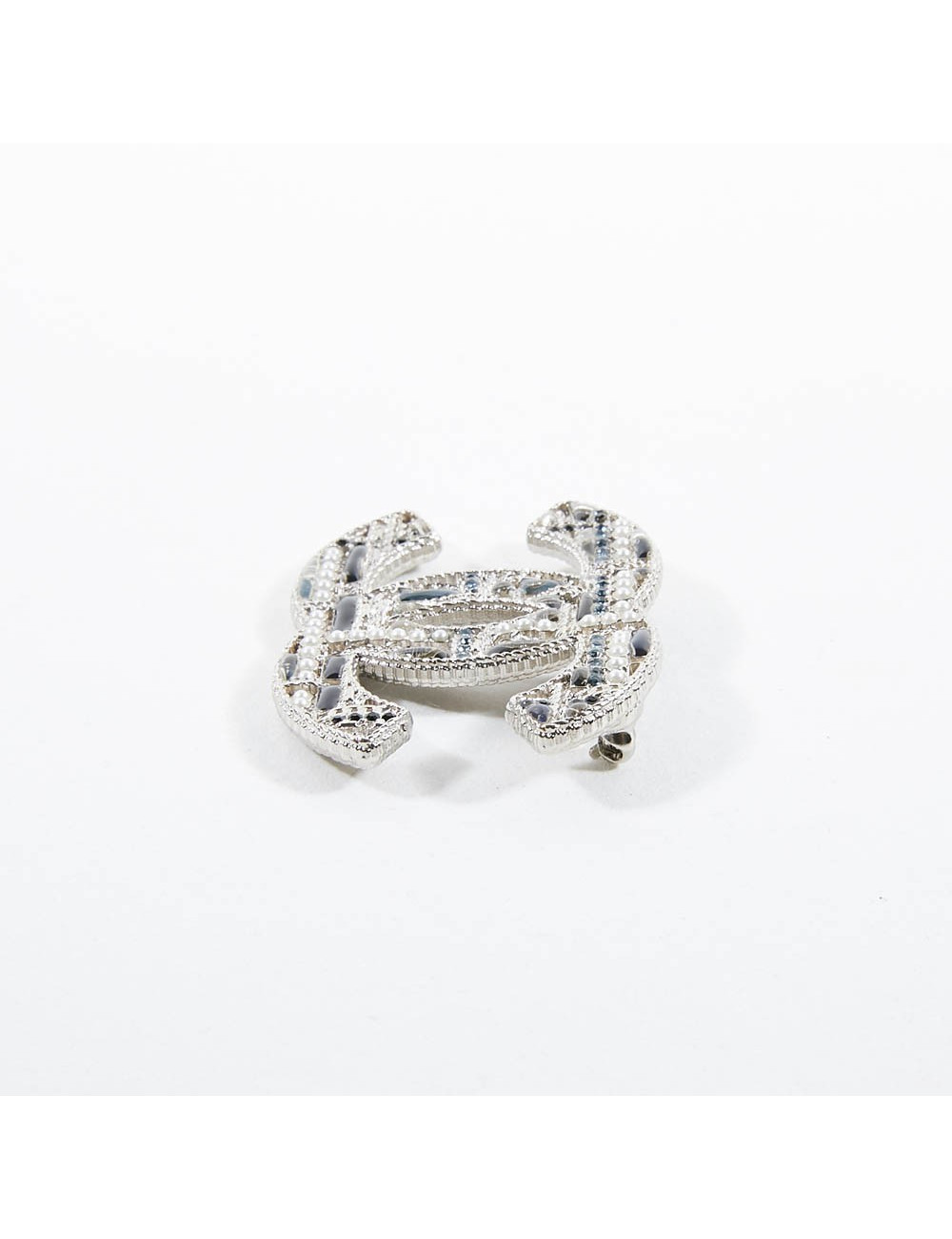 Broche CHANEL filigrane argent bleu perles nacrées