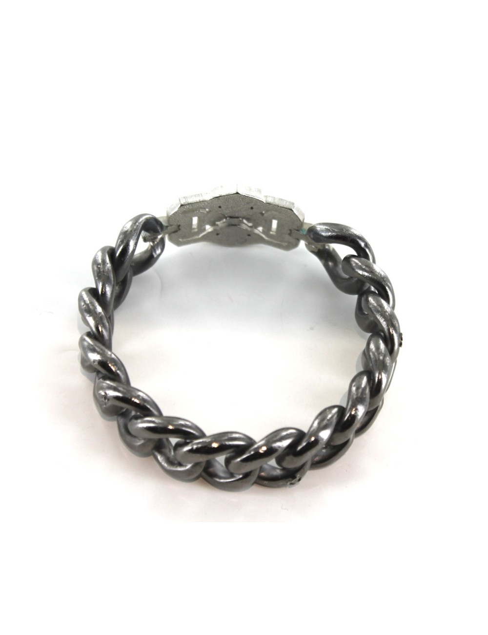 Bracelet CHANEL chaîne gourmette métal argenté noir et plaque sertie de strass