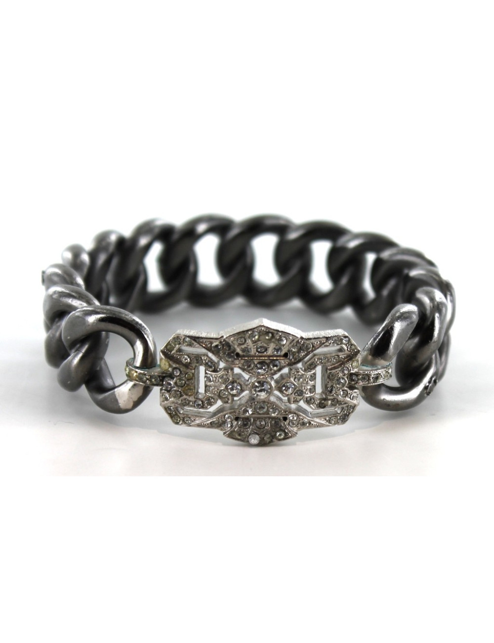 Bracelet CHANEL chaîne gourmette métal argenté noir et plaque sertie de strass