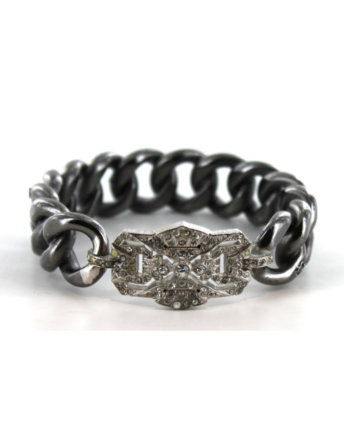 Bracelet CHANEL chaîne gourmette métal argenté noir et plaque sertie de strass