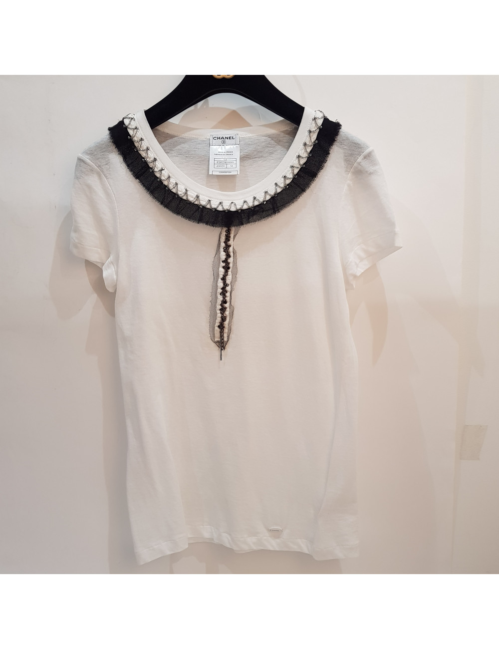 T-shirt T 34 CHANEL coton blanc chaines et brillants 