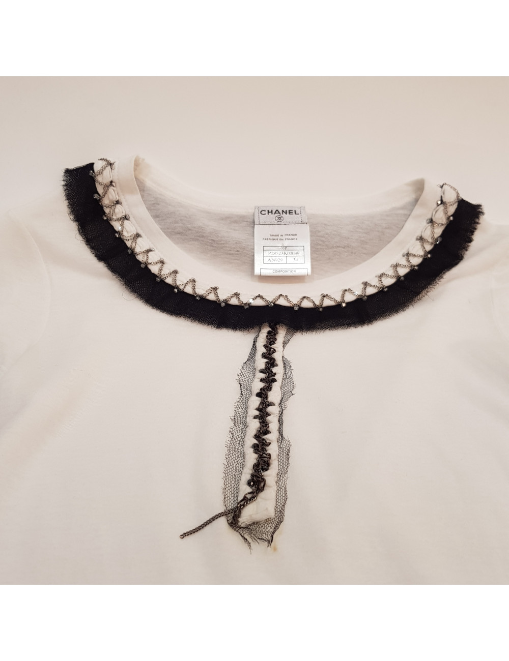 Chanel white cotton t-shirt with chains and rhinestones size 34FR