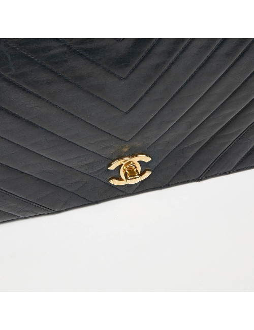 Sac à rabat CHANEL vintage cuir bleu marine
