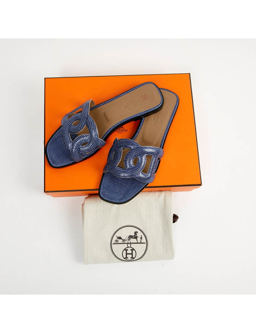 Sandales Omaha HERMES lézard bleu maritime T37