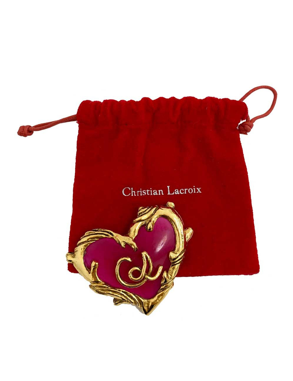  CHRISTIAN LACROIX Broche vintage coeur fuschia et doré