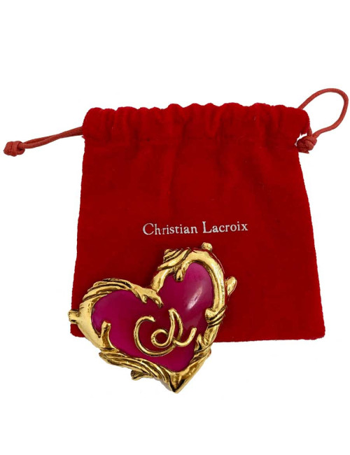 Broche CHRISTIAN LACROIX vintage coeur fuschia et doré