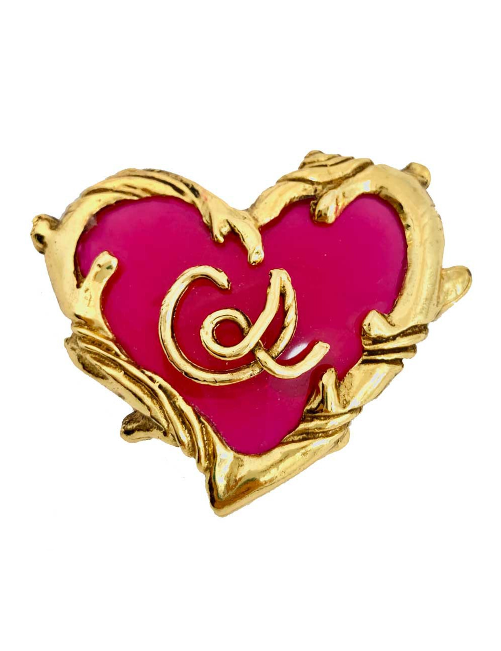  CHRISTIAN LACROIX Broche vintage coeur fuschia et doré