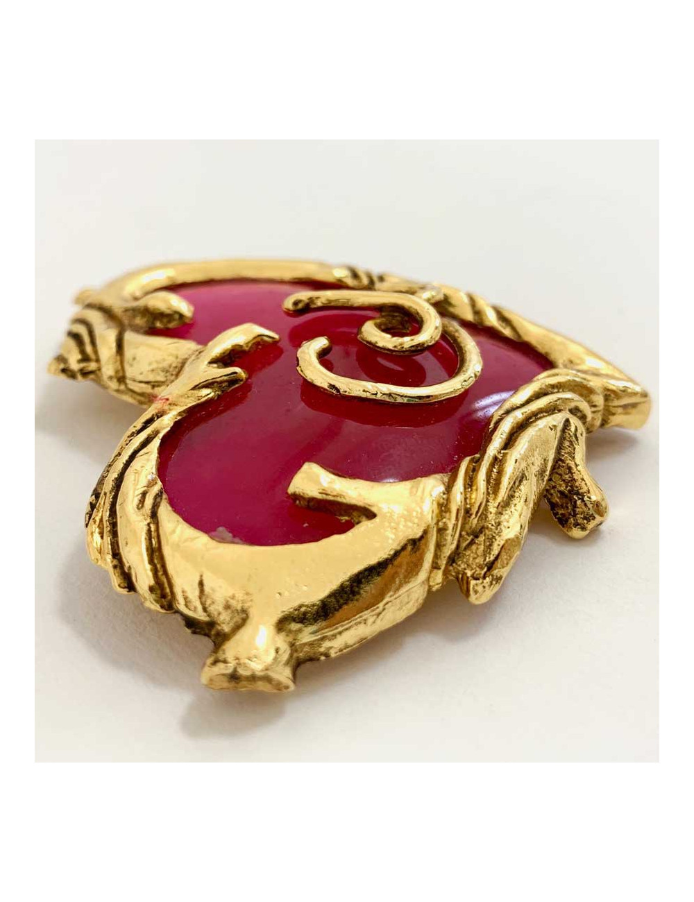  CHRISTIAN LACROIX Broche vintage coeur fuschia et doré