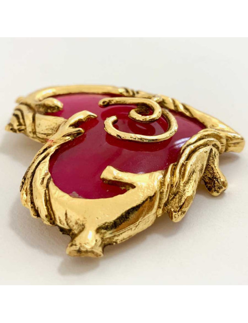  CHRISTIAN LACROIX Broche vintage coeur fuschia et doré