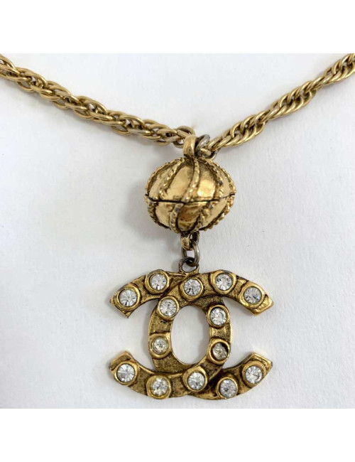 Long collier doré CHANEL CC strass vintage