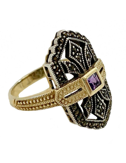 Bague Art Deco argent, or, et améthyste