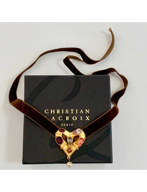 Collier Vintage CHRISTIAN LACROIX cordon velours marron