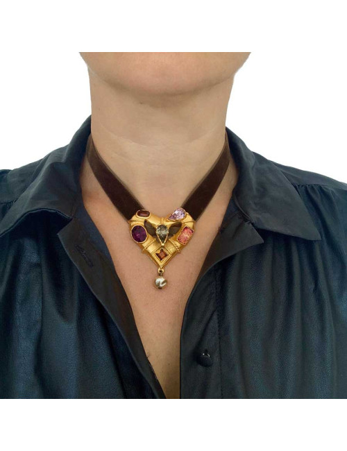 Collier Vintage CHRISTIAN LACROIX cordon velours marron