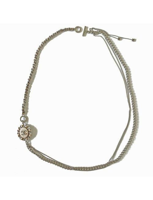 Sautoir CHANEL argent et cuir brun métallisé