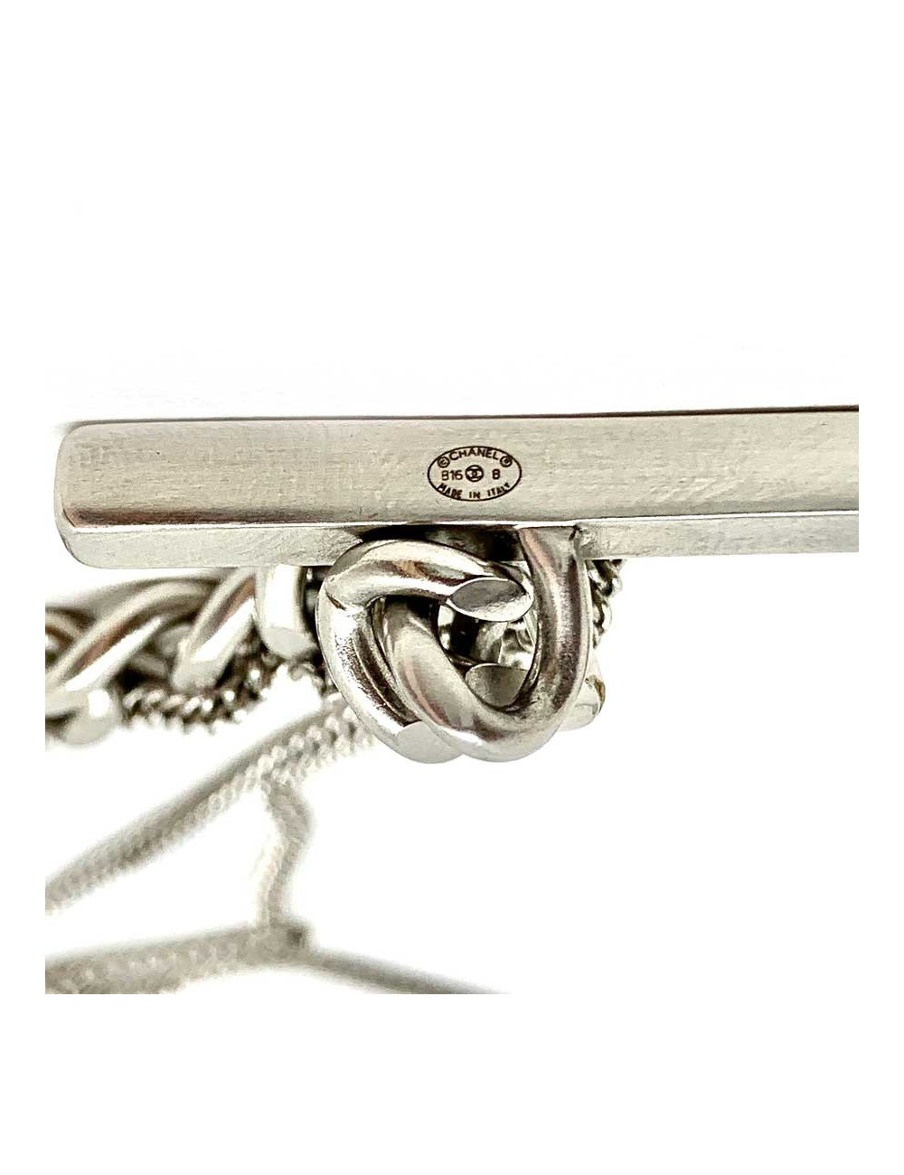 Sautoir CHANEL argent et cuir brun métallisé