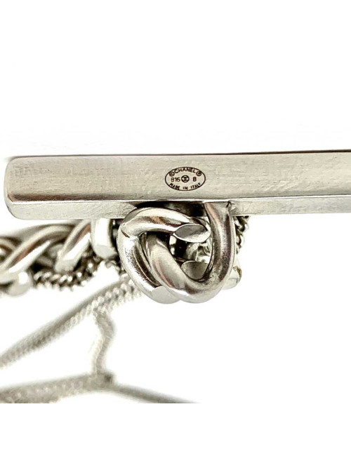 Sautoir CHANEL argent et cuir brun métallisé