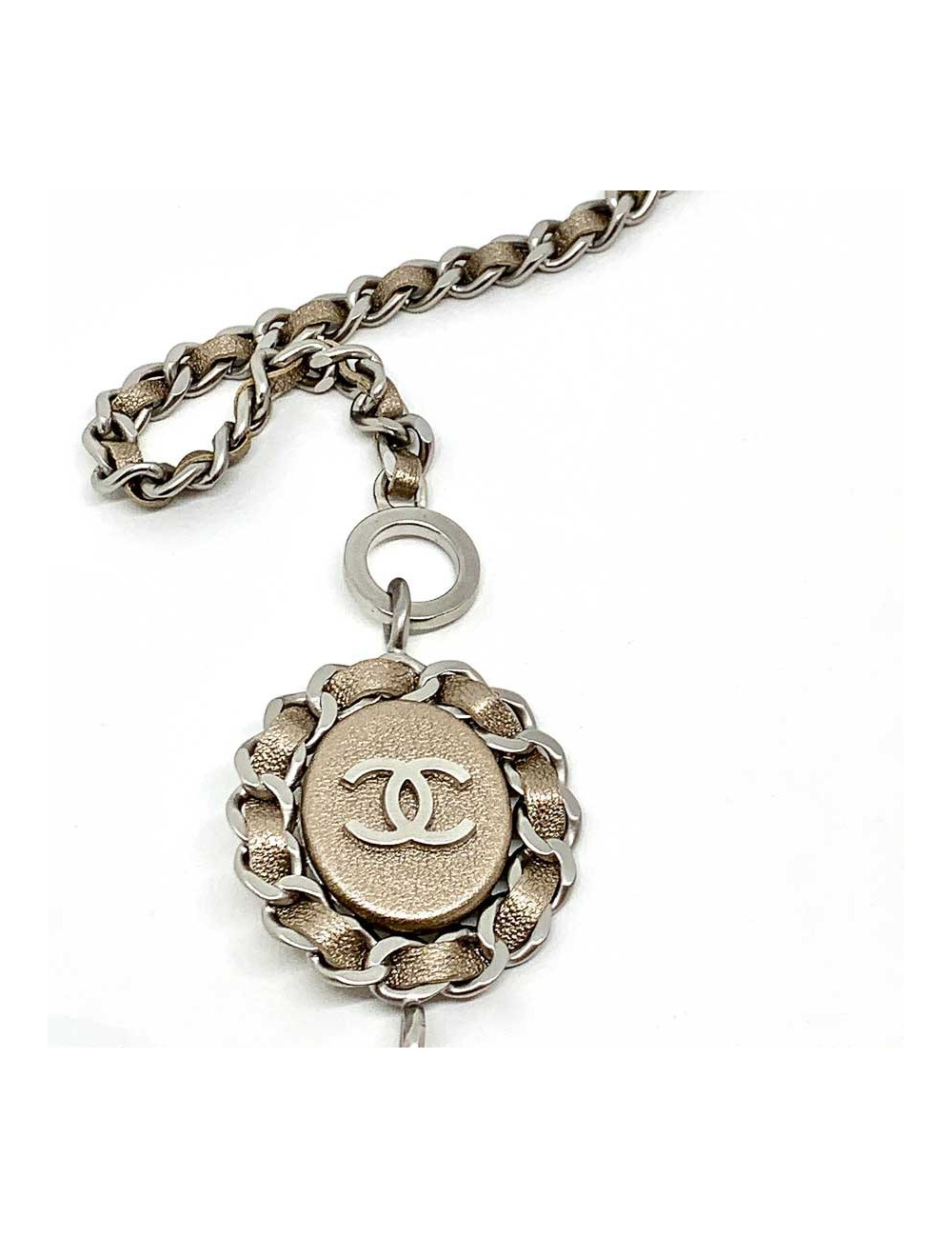 Sautoir CHANEL argent et cuir brun métallisé