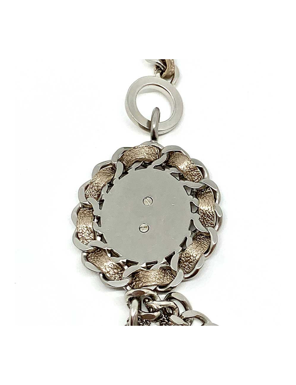 Sautoir CHANEL argent et cuir brun métallisé