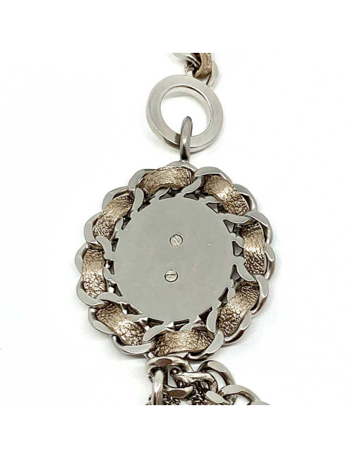 Sautoir CHANEL argent et cuir brun métallisé