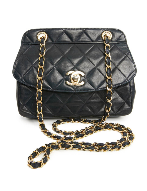 Petit sac vintage CHANEL cuir lisse bleu marine