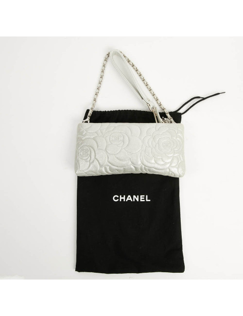 Pochette CHANEL cuir camélias argent