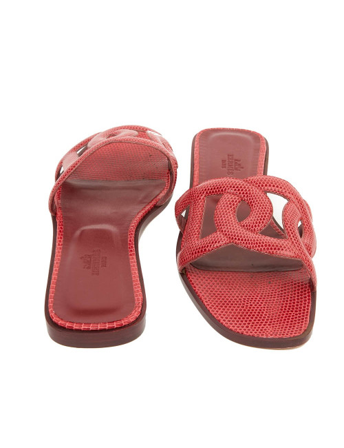 Sandales Omaha HERMES lézard brillant CARMIN