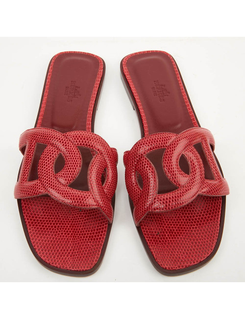 Sandales Omaha HERMES lézard brillant CARMIN