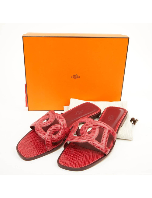 Sandales Omaha HERMES lézard brillant CARMIN