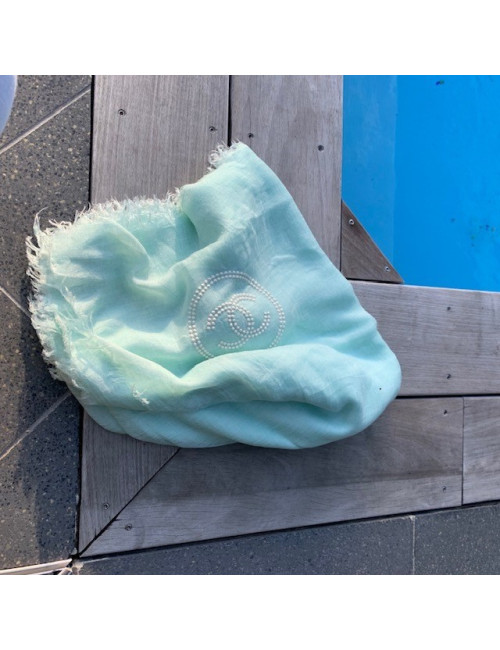 Paréo CHANEL  cachemire et soie vert d'eau 