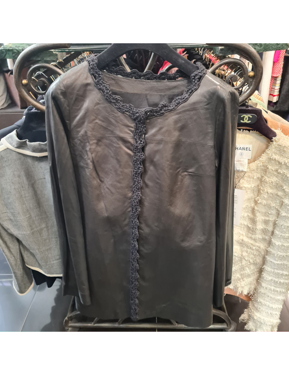Veste T 42 CHANEL cuir d'agneau lisse noir 