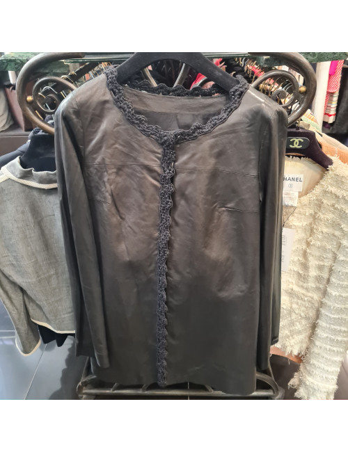 Veste T 42 CHANEL cuir d'agneau lisse noir 