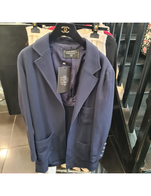 Veste longue T 34 CHANEL laine bleu nuit