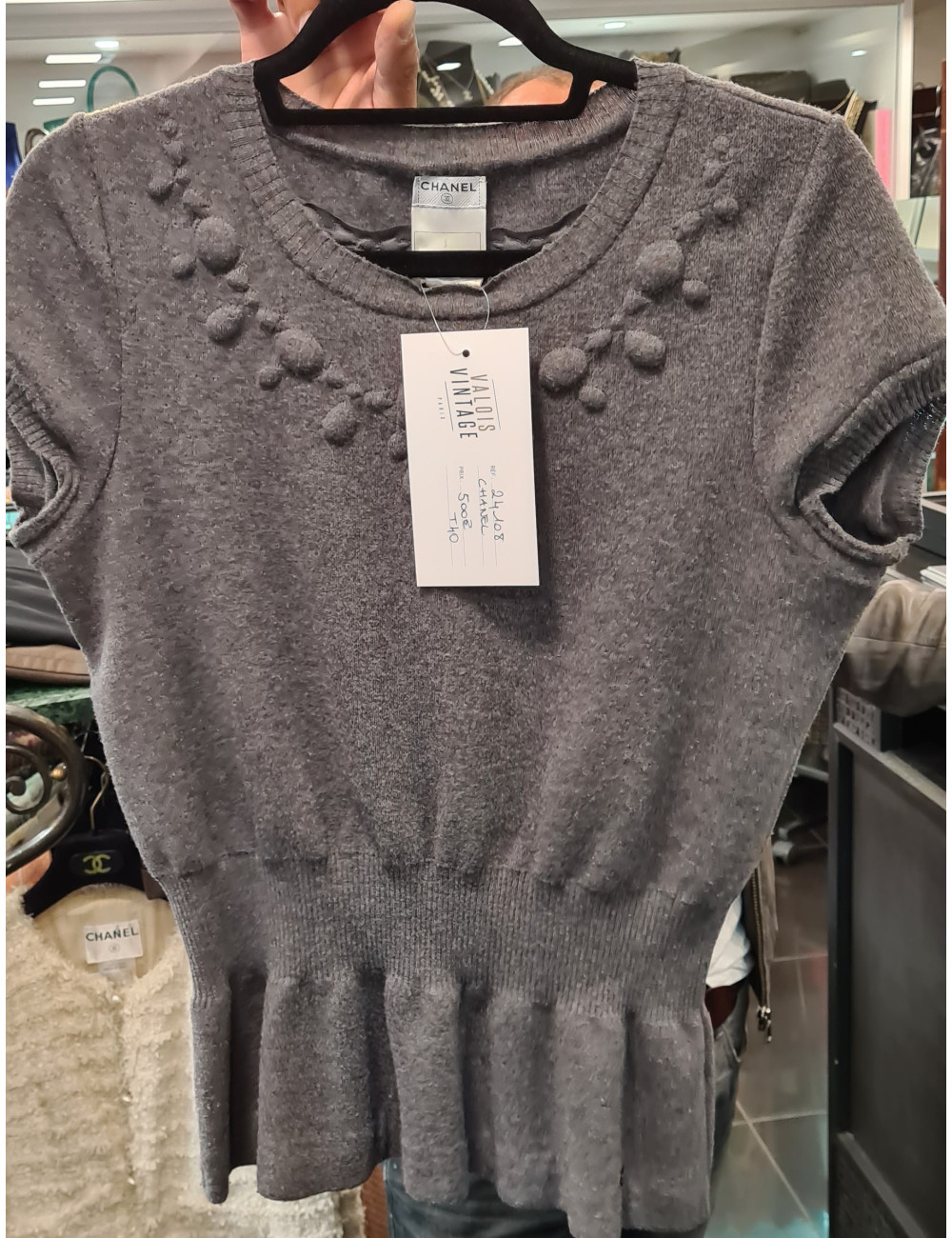 Pull CHANEL manches courtes en cachemire gris chiné