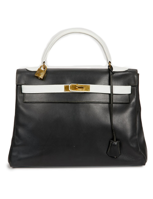 Kelly 32 HERMES cuir box gris et blanc