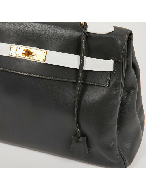 Kelly 32 HERMES cuir box gris et blanc