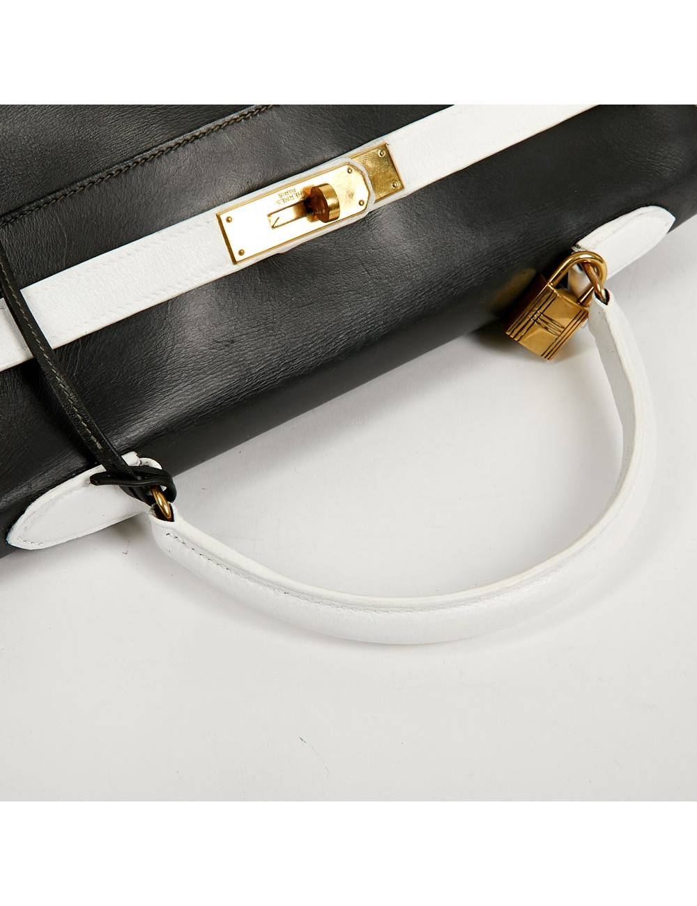 Kelly 32 HERMES cuir box gris et blanc