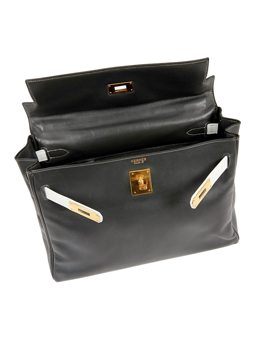 Kelly 32 HERMES cuir box gris et blanc