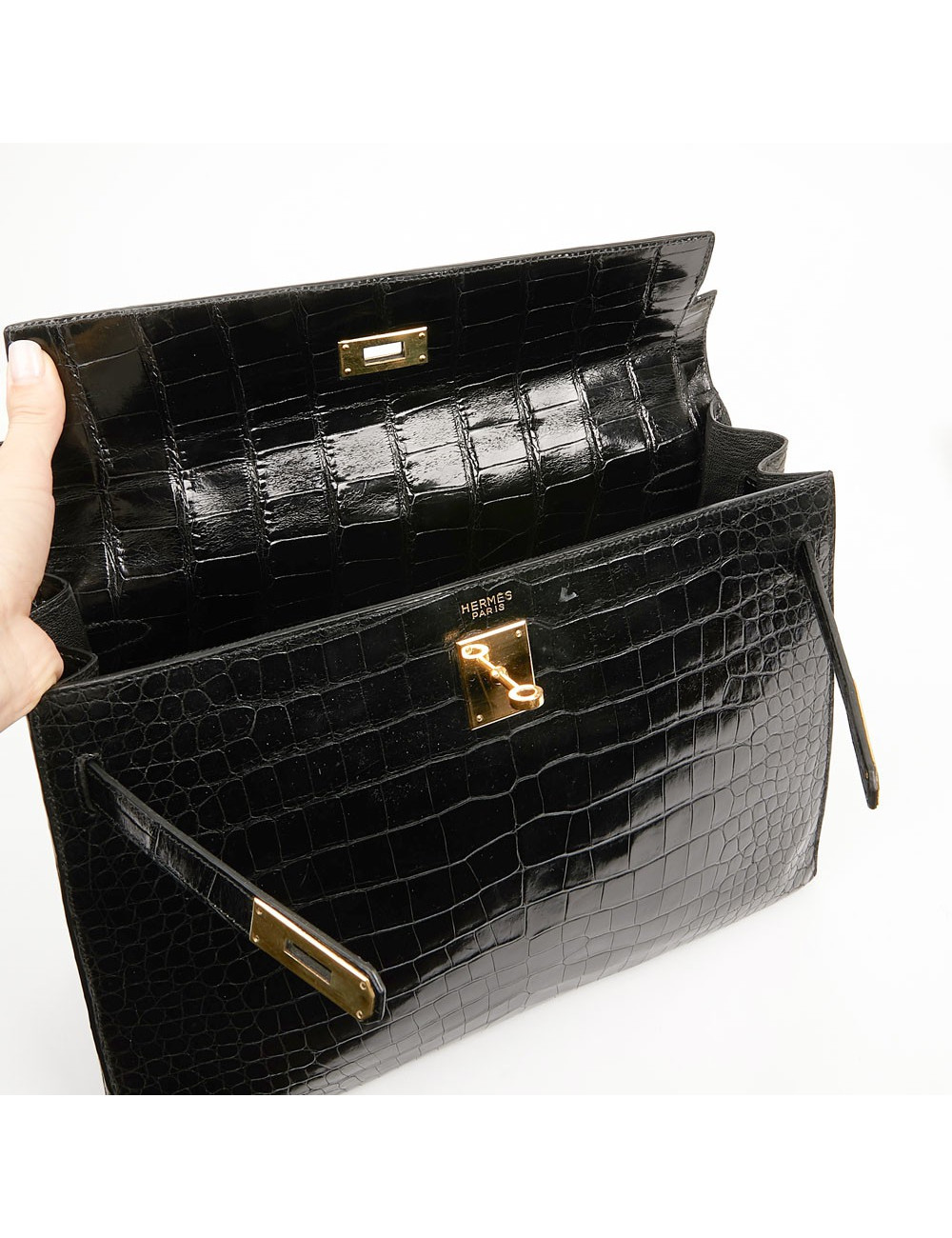 Kelly 35 HERMES porosus noir Vintage