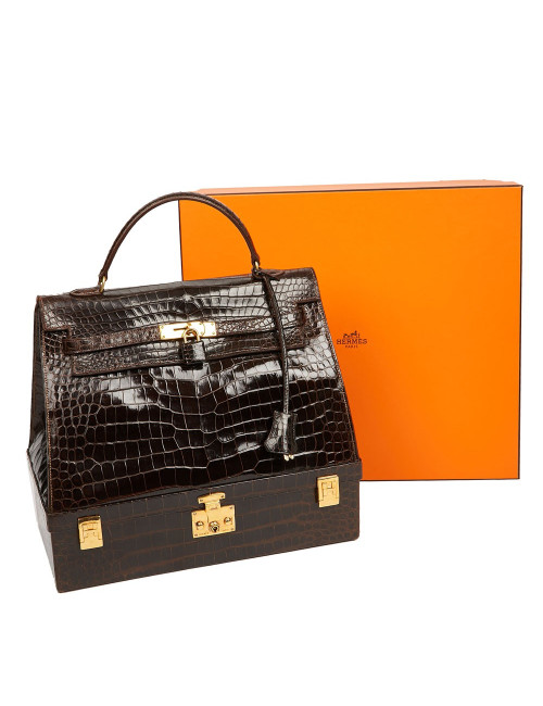 Sac à main Kelly HERMES boite à bijoux Porosus marron