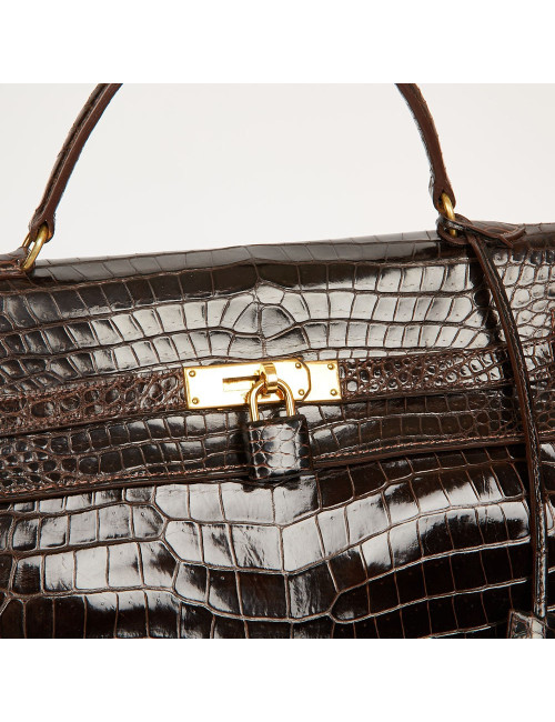 Sac à main Kelly HERMES boite à bijoux Porosus marron