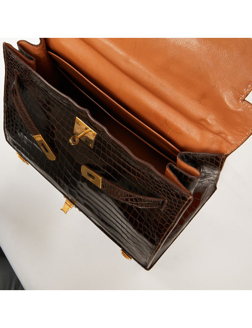 Sac à main Kelly HERMES boite à bijoux Porosus marron