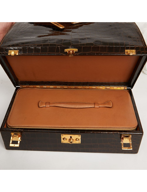 Sac à main Kelly HERMES boite à bijoux Porosus marron