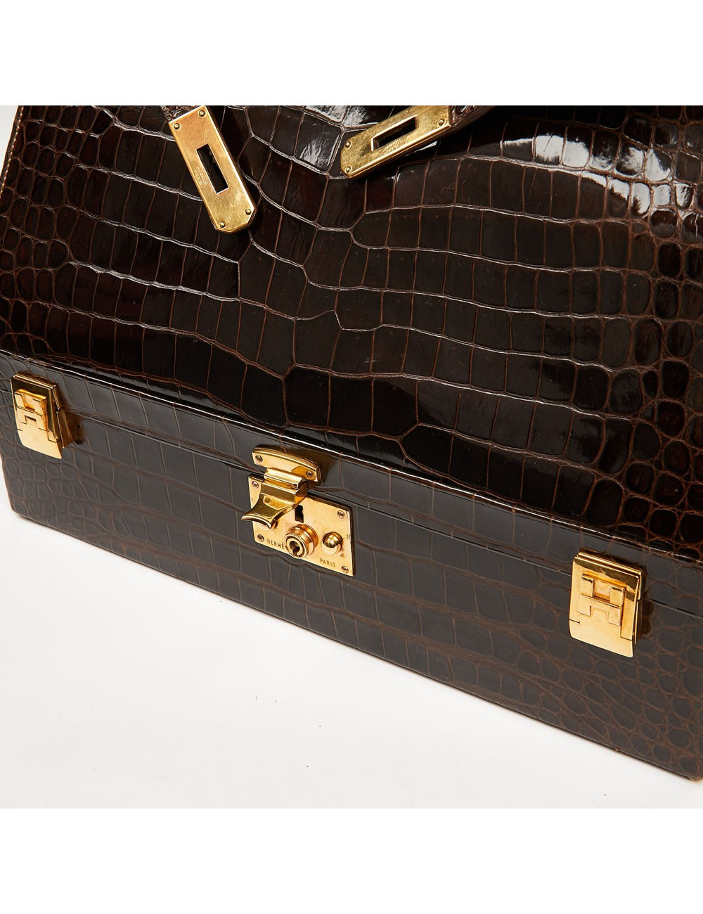 Sac à main Kelly HERMES boite à bijoux Porosus marron