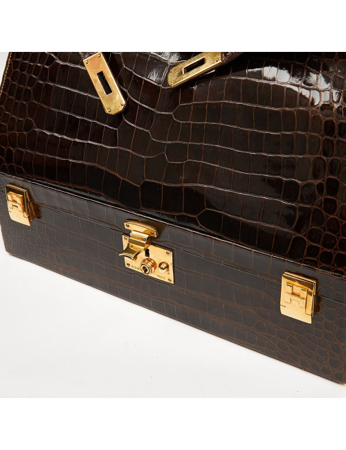 Sac à main Kelly HERMES boite à bijoux Porosus marron