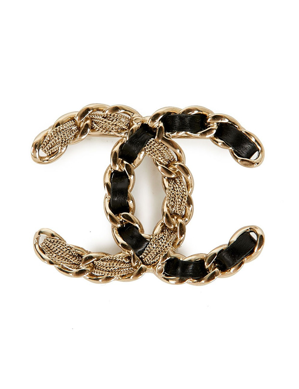 Broche CC métal entrelacé de cuir et fines chaines