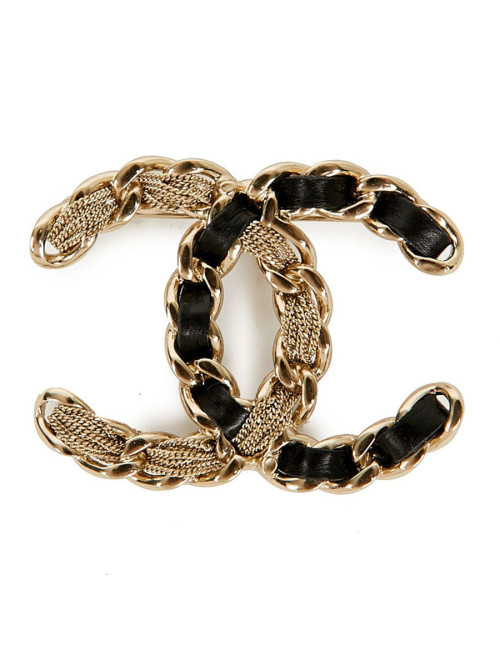 Broche CC métal entrelacé de cuir et fines chaines