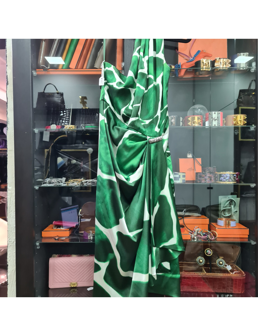 Robe T 38  ROBERTO CAVALLI en soie verte formes géométriques formes libres 