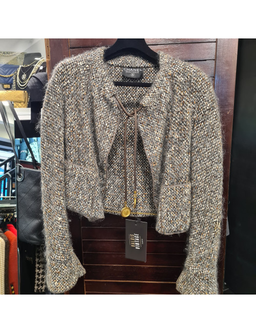 Veste T 36 CHANEL tweed en laine blanc, marron, gris et noir