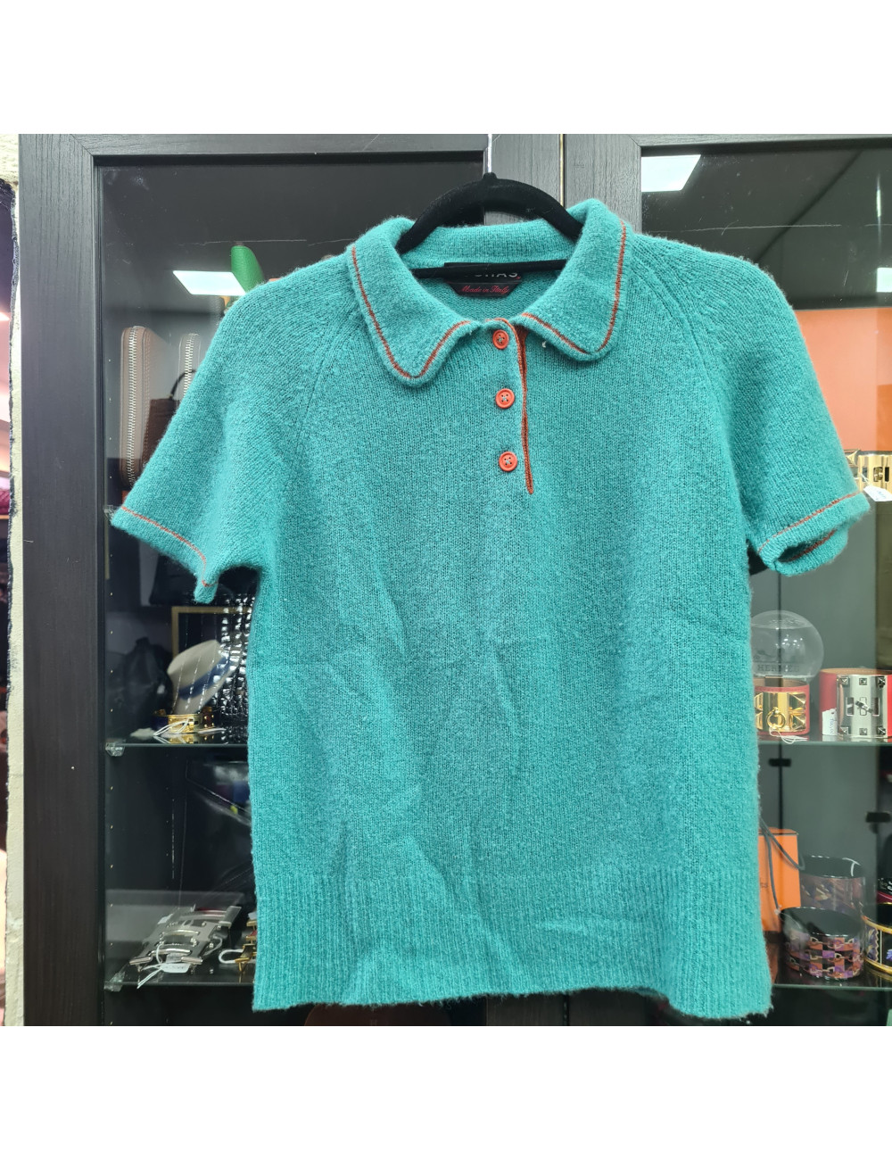 Top Rochas Bleu trois boutons orange